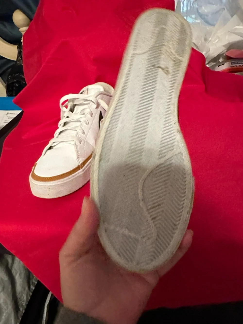 Nike White Sneakers with Navy Swoosh and Gold Accent - Picture 9 of 11